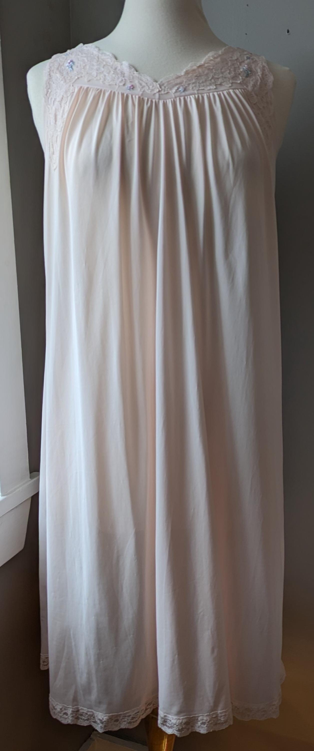 Vintage Shadowline Nylon Nightgown: Pastel Pink Lace Yoke Floral Embroidery