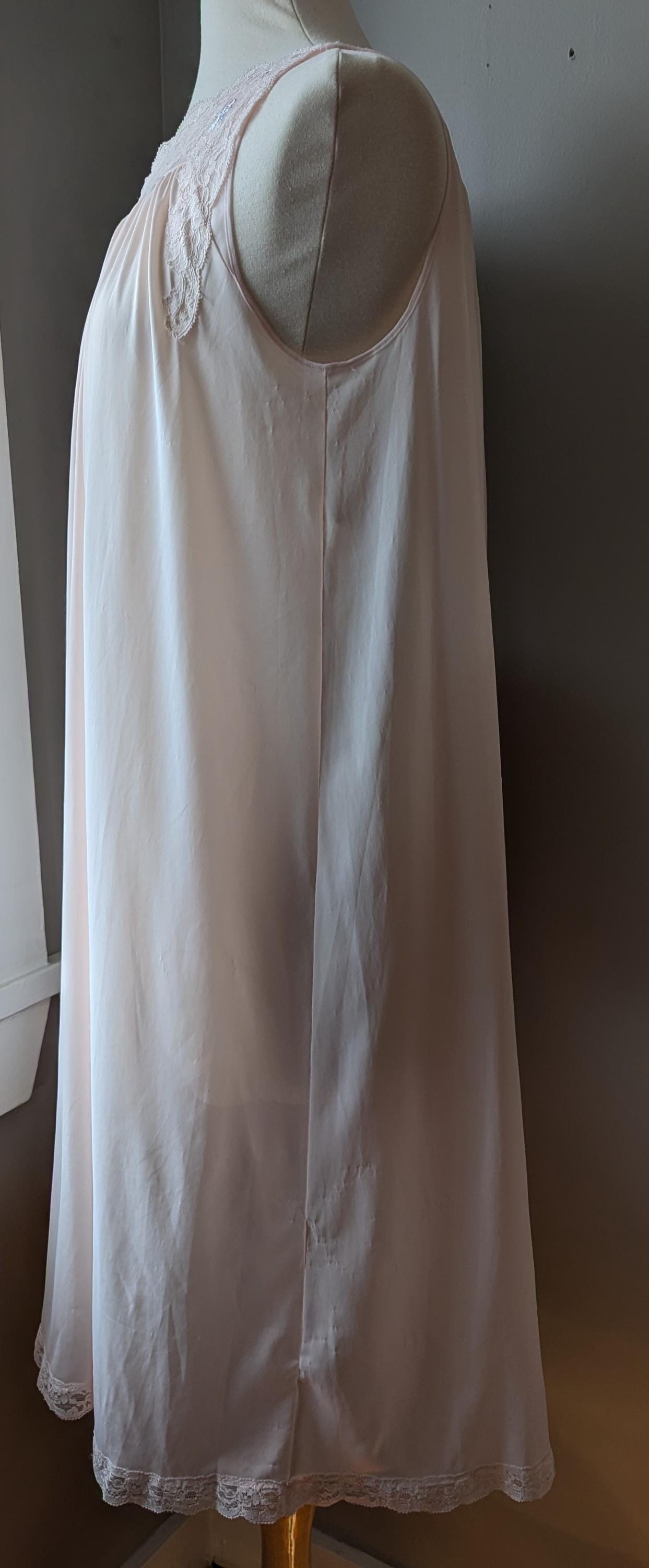 Vintage Shadowline Nylon Nightgown: Pastel Pink Lace Yoke Floral Embroidery