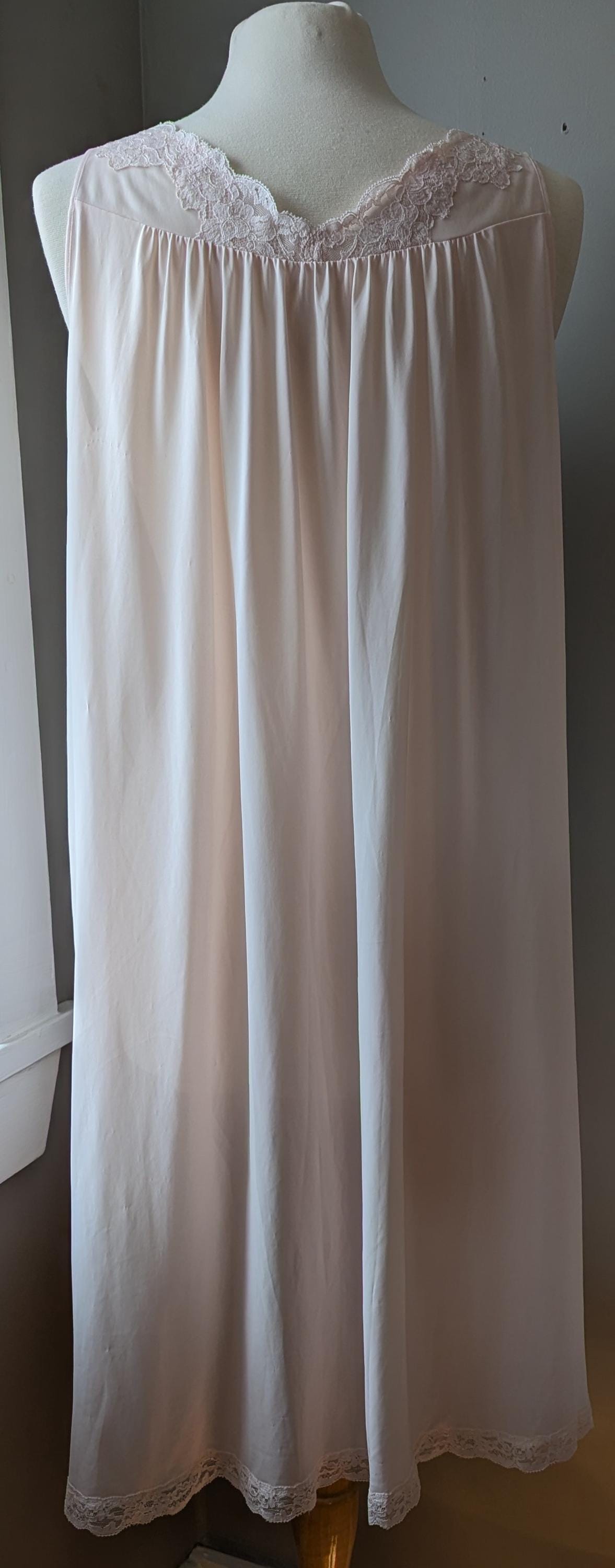 Vintage Shadowline Nylon Nightgown: Pastel Pink Lace Yoke Floral Embroidery