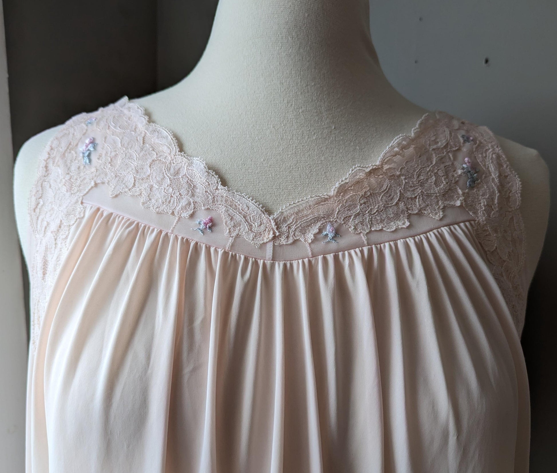 Vintage Shadowline Nylon Nightgown: Pastel Pink Lace Yoke Floral Embroidery