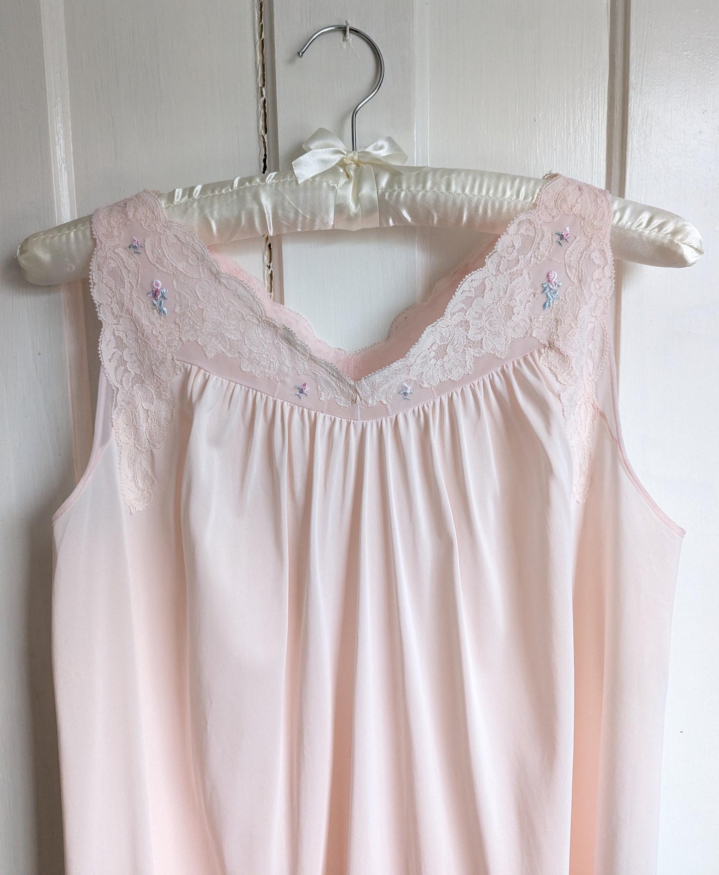 Vintage Shadowline Nylon Nightgown: Pastel Pink Lace Yoke Floral Embroidery