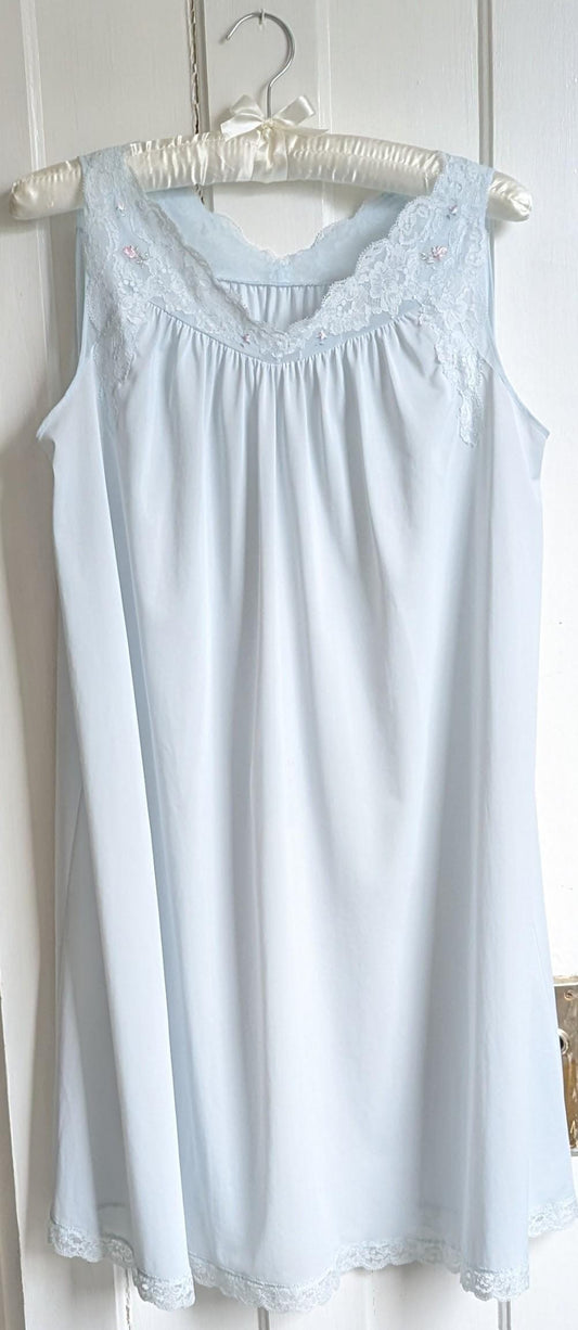 Vintage Shadowline Baby Blue Nylon Nightgown | Lace Bodice Embroidered Floral Detail | Romantic Vintage Lingerie