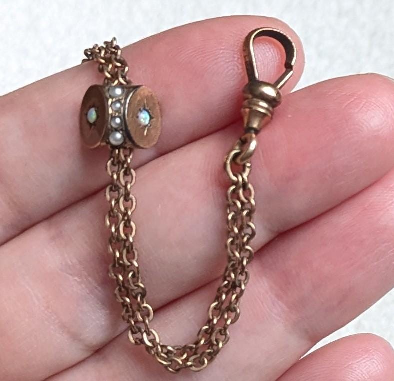 Antique Gold Filled Watch Fob Slider Necklace | Seed Pearl Opal Charm H&H Victorian Jewelry