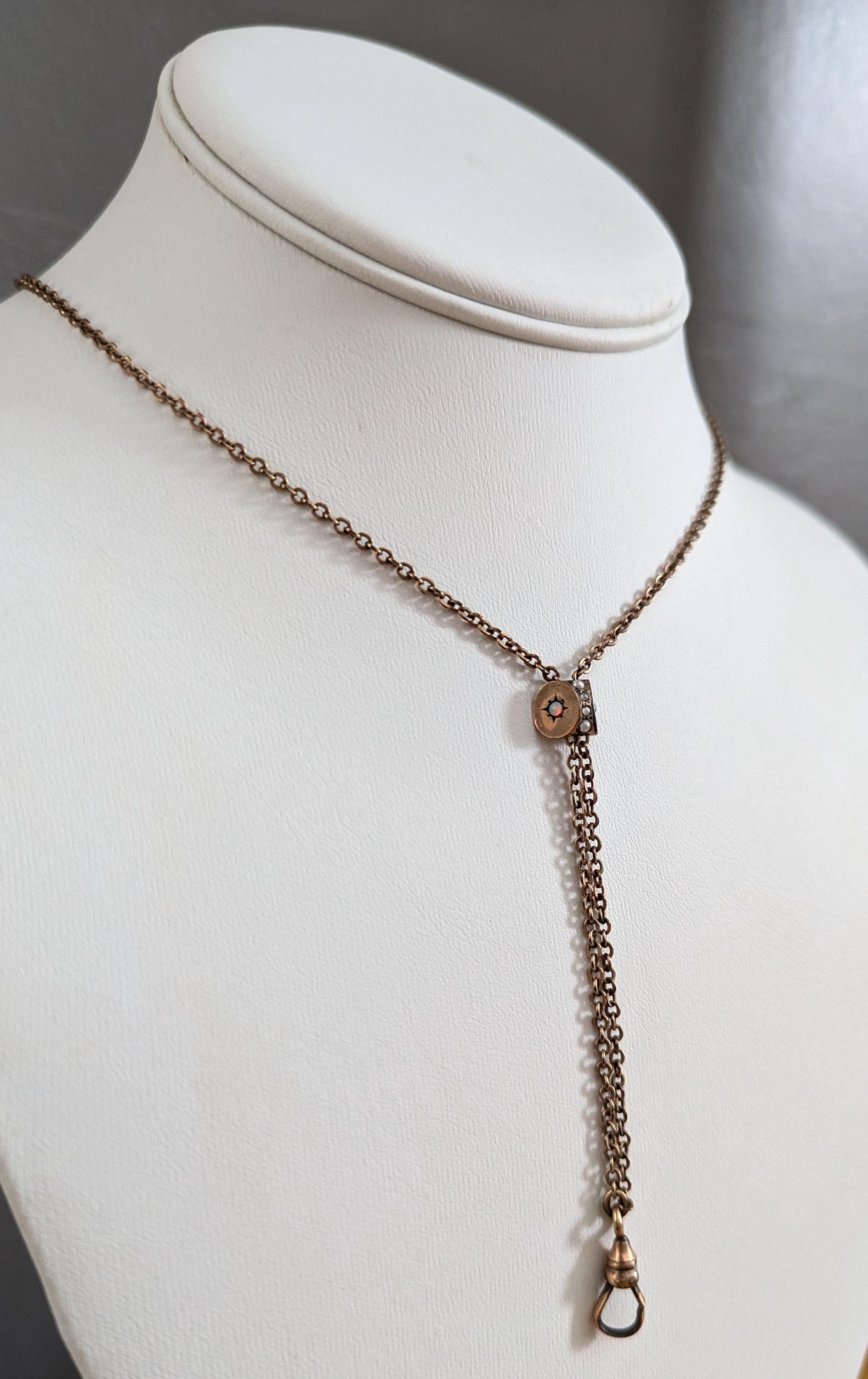 Antique Gold Filled Watch Fob Slider Necklace | Seed Pearl Opal Charm H&H Victorian Jewelry