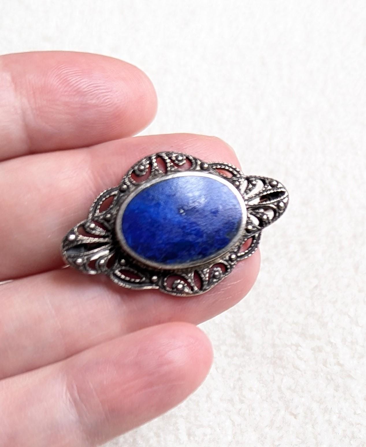 Sterling Silver Lapis Lazuli Marcasite Brooch | Art Deco Oval Pin | BOMA Jewelry