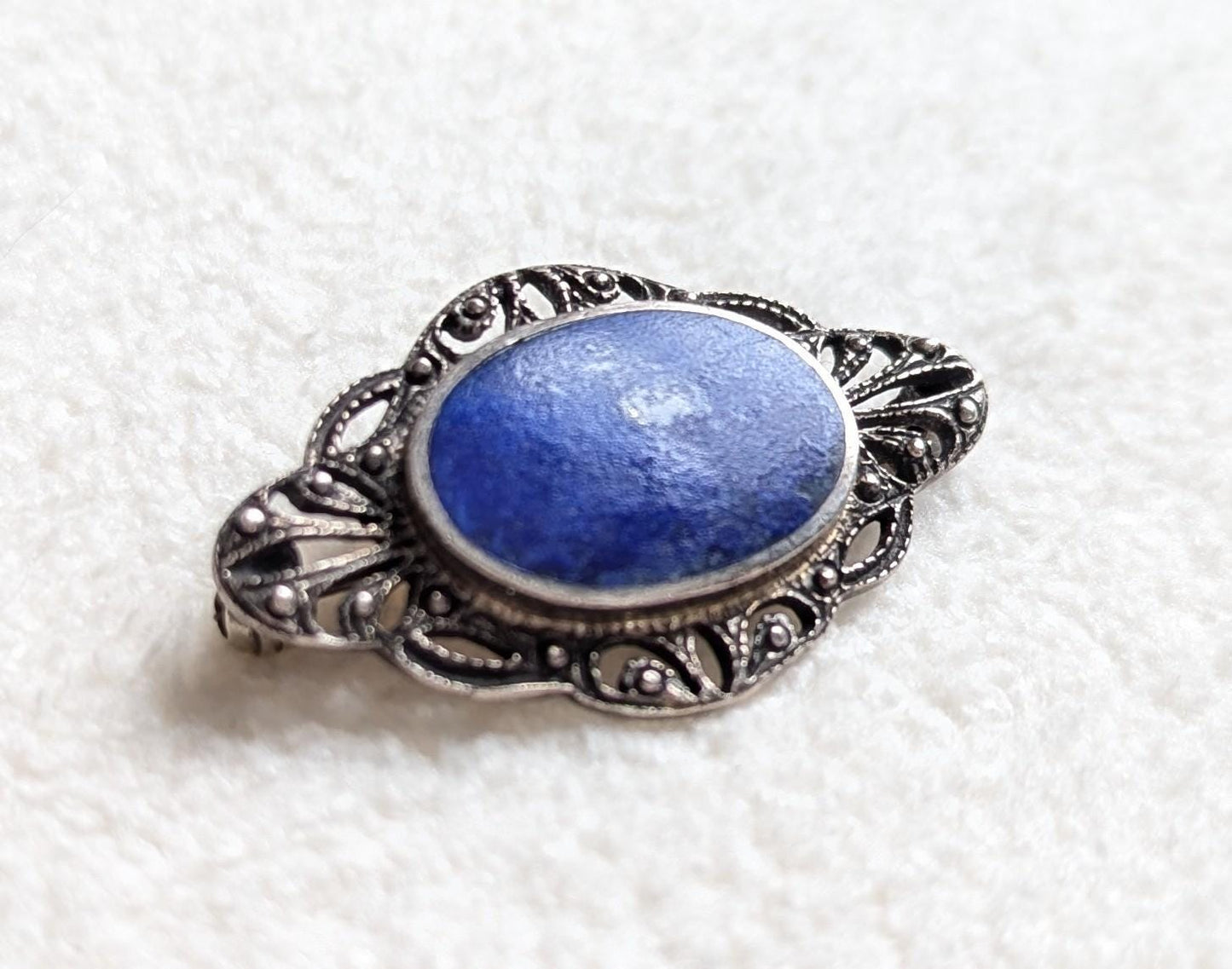Sterling Silver Lapis Lazuli Marcasite Brooch | Art Deco Oval Pin | BOMA Jewelry