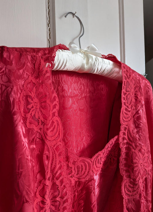 Vanity Fair Vintage Peignoir Set | Coral Pink Lace Trim, Size M