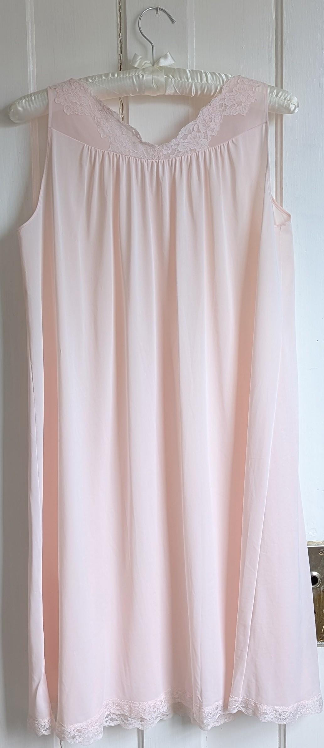 Vintage Shadowline Nylon Nightgown: Pastel Pink Lace Yoke Floral Embroidery