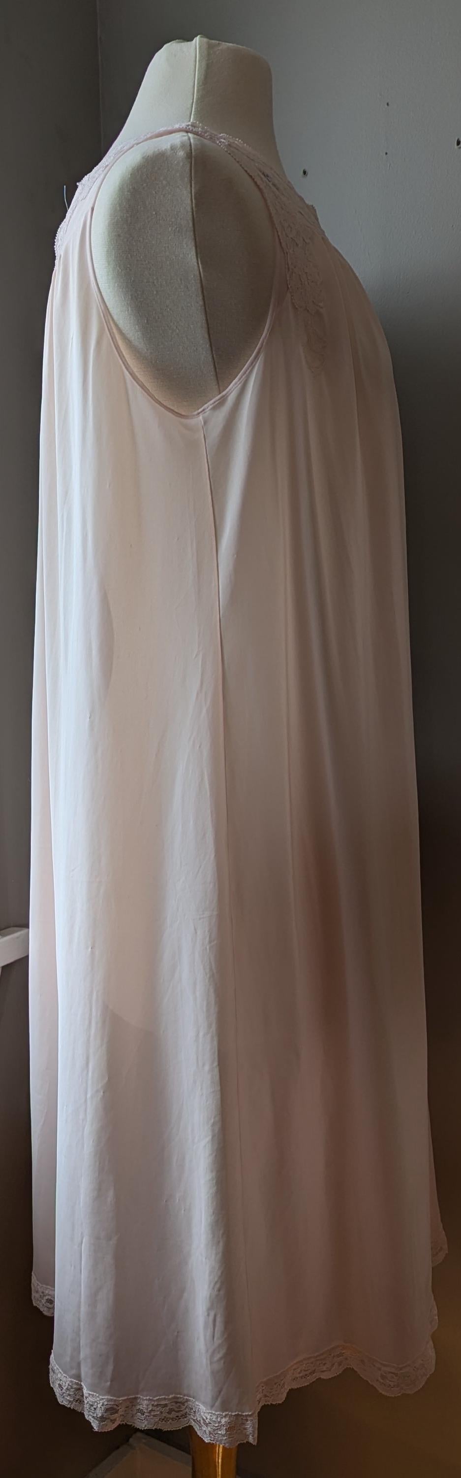 Vintage Shadowline Nylon Nightgown: Pastel Pink Lace Yoke Floral Embroidery
