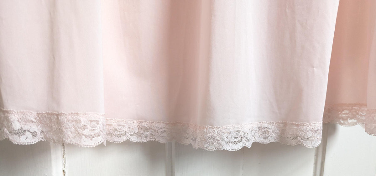 Vintage Shadowline Nylon Nightgown: Pastel Pink Lace Yoke Floral Embroidery