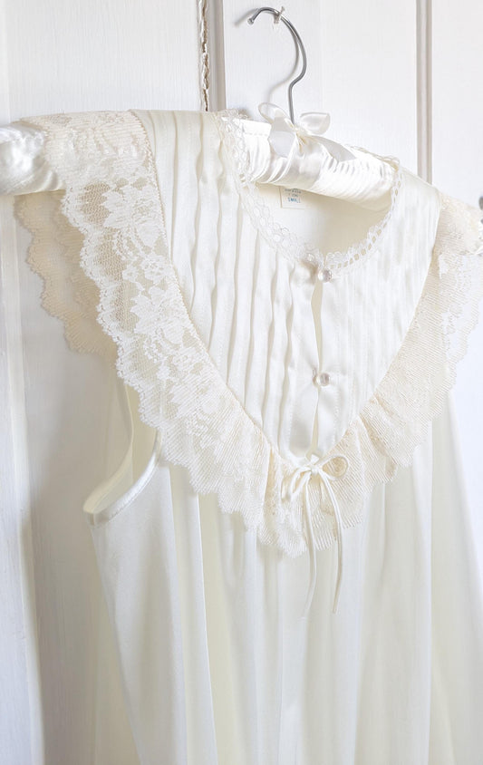 Vintage 70s Cream Nylon Nightgown: Lace Yoke, Pintuck Bodice, Bow Detail, Midi Length