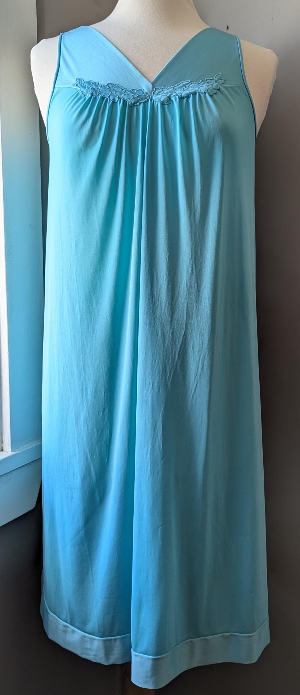 Vintage Aqua Nylon Nightgown: 1970s-1980s Flowy Slip Dress