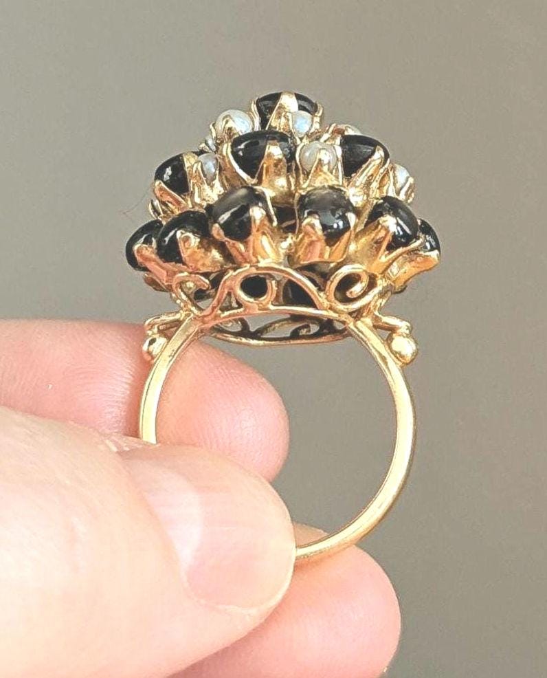 Vintage Star Sapphire Seed Pearl Cluster Ring – 14k Gold Statement Estate Jewelry