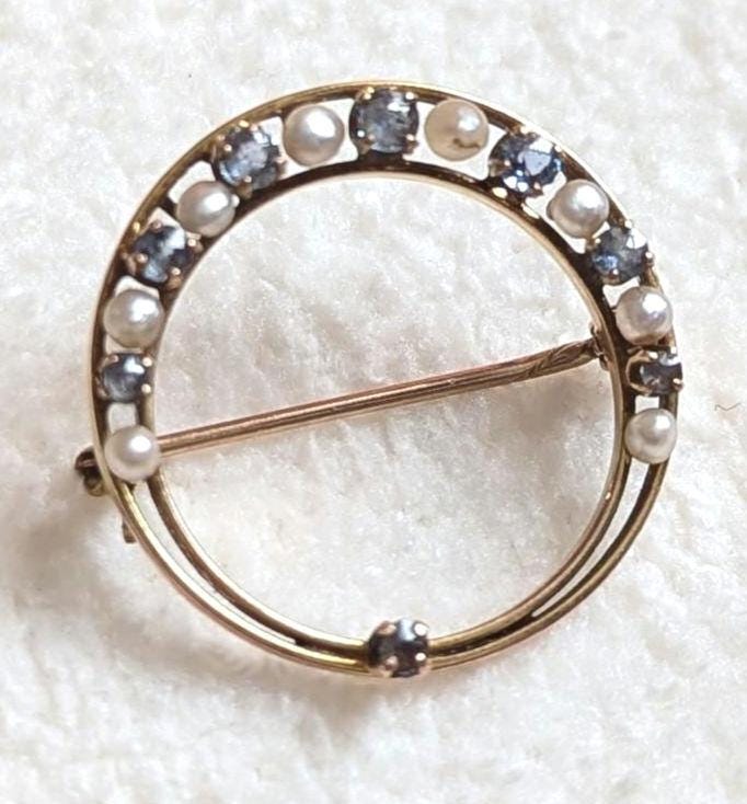 Antique Victorian 10k Gold Sapphire & Pearl Circle Brooch – Genuine 1800s Crescent Halo Pin