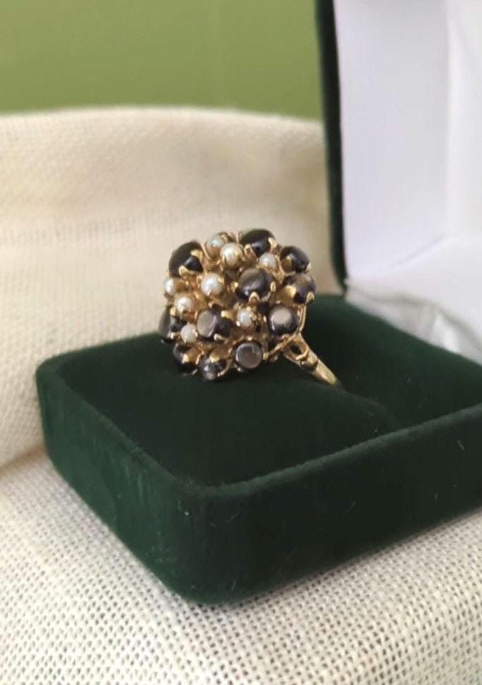 Vintage Star Sapphire Seed Pearl Cluster Ring – 14k Gold Statement Estate Jewelry