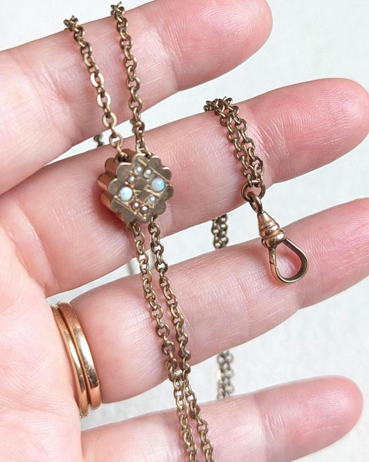 Antique Gold Filled Watch Chain Necklace | Opal Seed Pearl Slide, RCJ Co