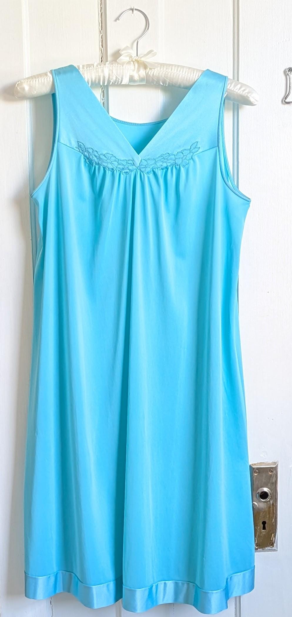Vintage Aqua Nylon Nightgown: 1970s-1980s Flowy Slip Dress