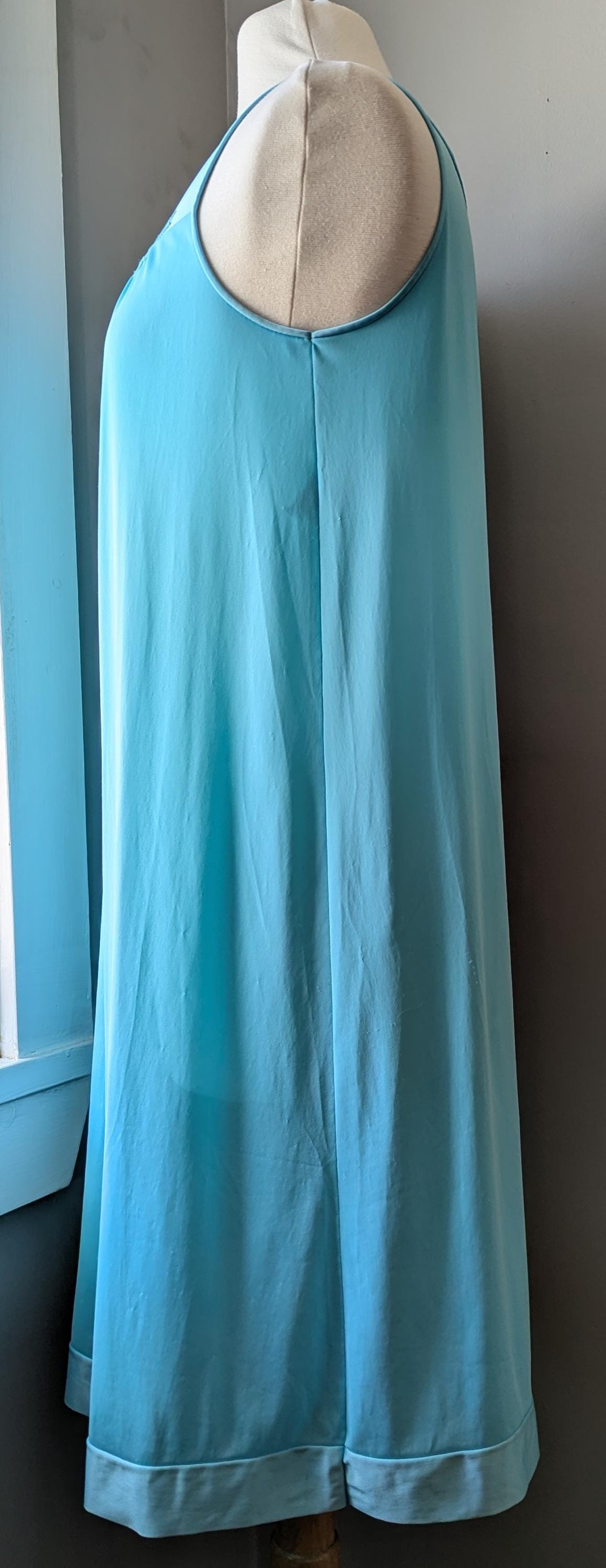 Vintage Aqua Nylon Nightgown: 1970s-1980s Flowy Slip Dress