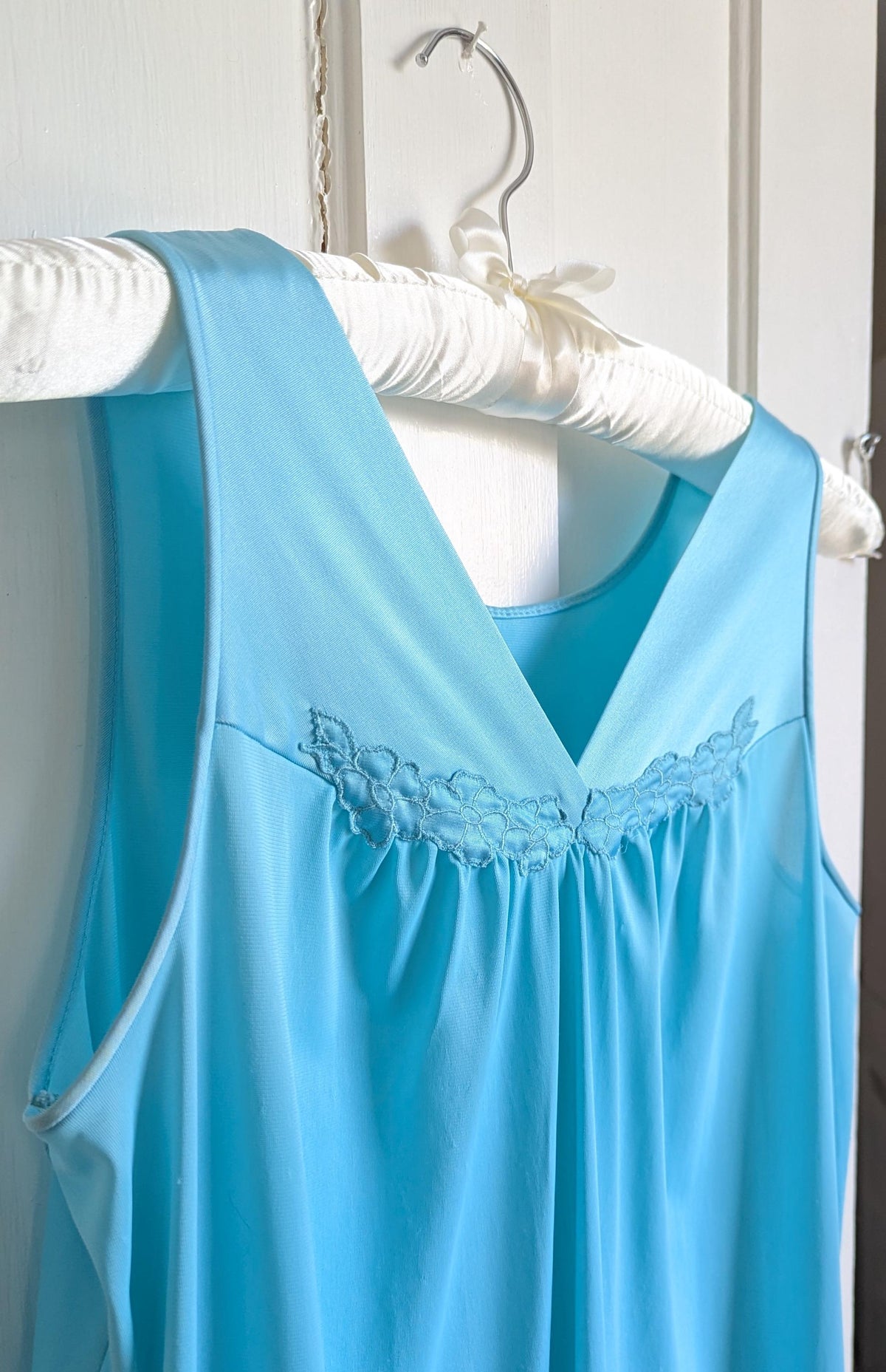 Vintage Aqua Nylon Nightgown: 1970s-1980s Flowy Slip Dress