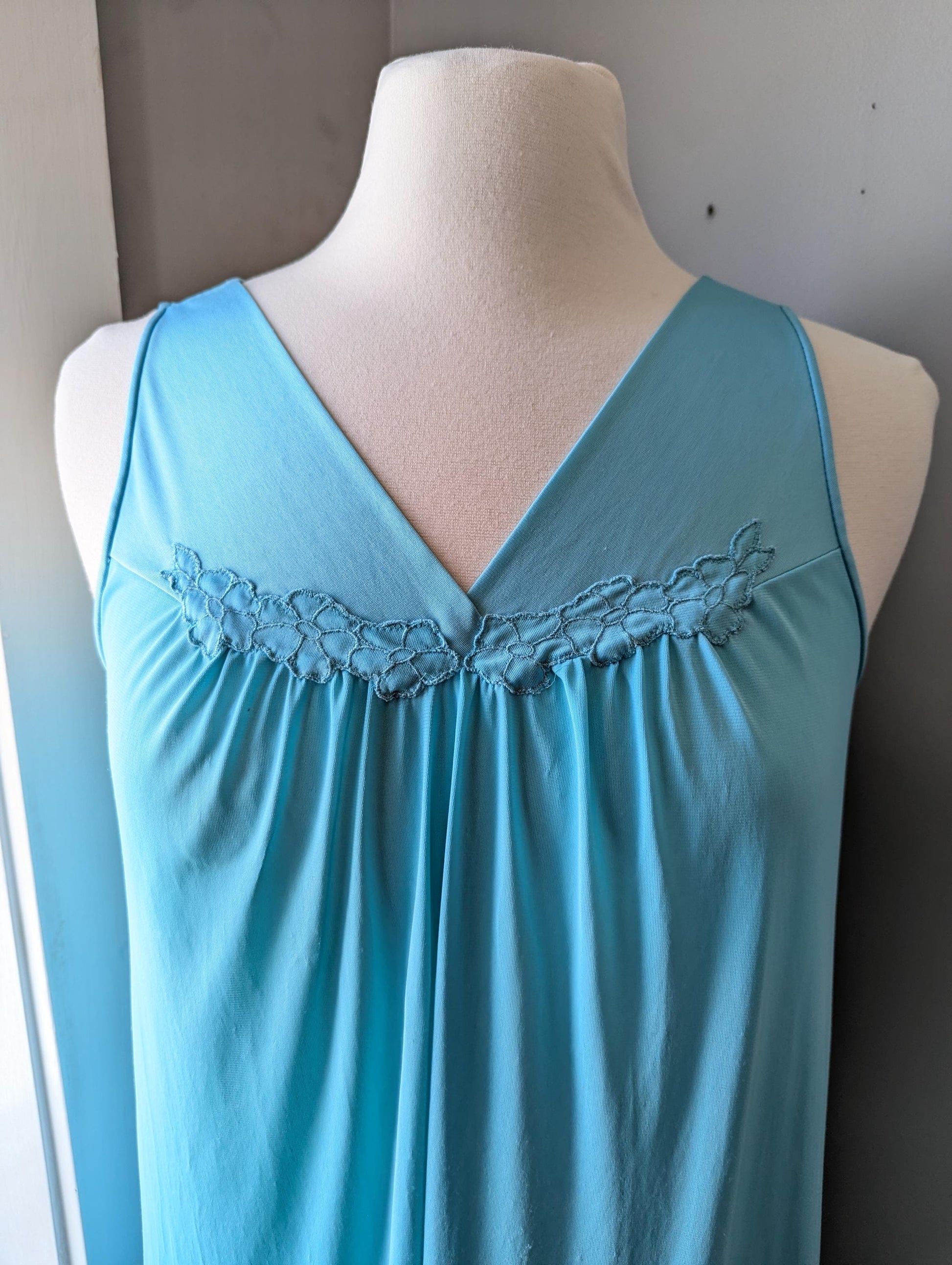 Vintage Aqua Nylon Nightgown: 1970s-1980s Flowy Slip Dress