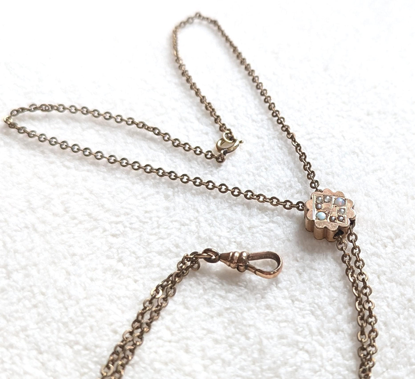 Antique Gold Filled Watch Chain Necklace | Opal Seed Pearl Slide, RCJ Co