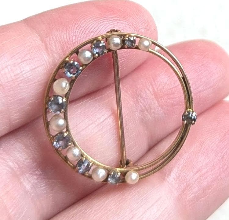 Antique Victorian 10k Gold Sapphire & Pearl Circle Brooch – Genuine 1800s Crescent Halo Pin