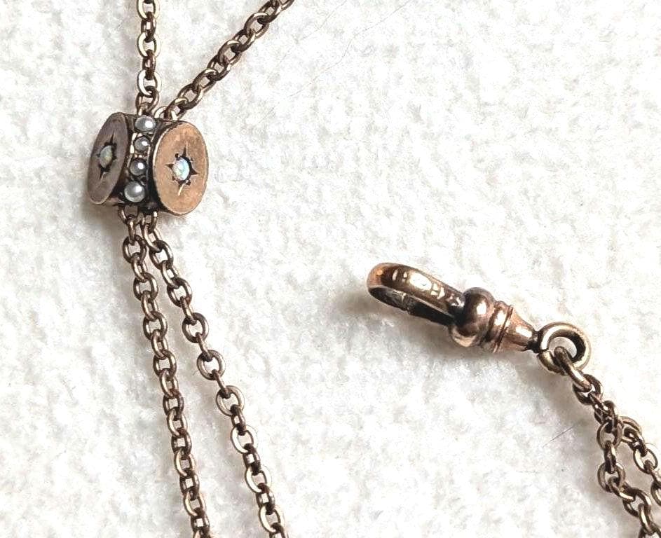 Antique Gold Filled Watch Fob Slider Necklace | Seed Pearl Opal Charm H&H Jewelry