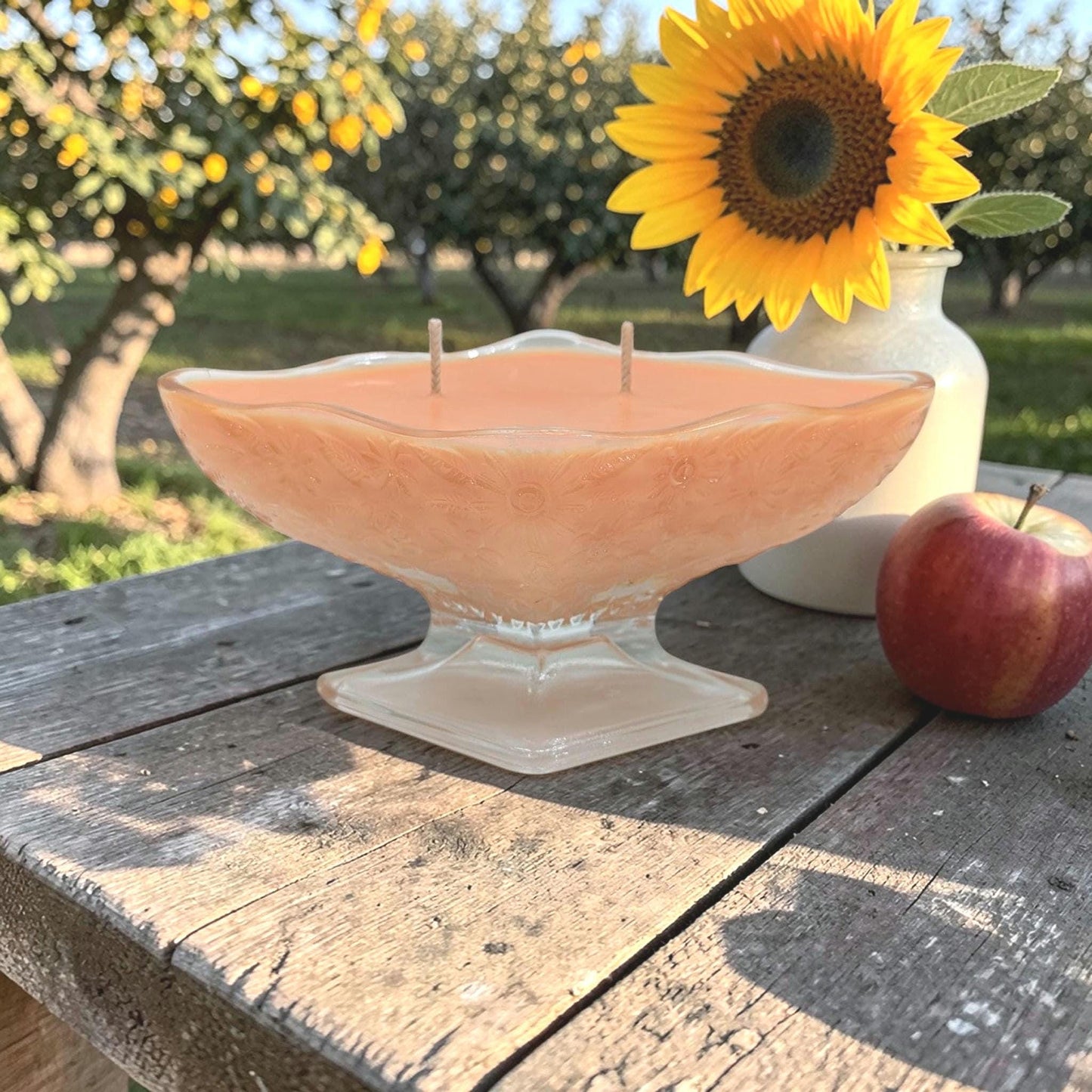 Golden Orchard Candle | Vintage Glass Pedestal Bowl | Citrus Apple Cedar Scent | Hand-Poured Coco Soy