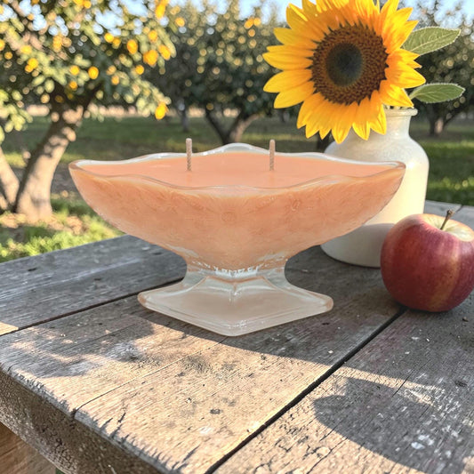 Golden Orchard Candle | Vintage Glass Pedestal Bowl | Citrus Apple Cedar Scent | Hand-Poured Coco Soy