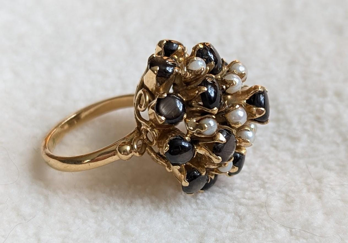 Vintage Star Sapphire Seed Pearl Cluster Ring – 14k Gold Statement Estate Jewelry