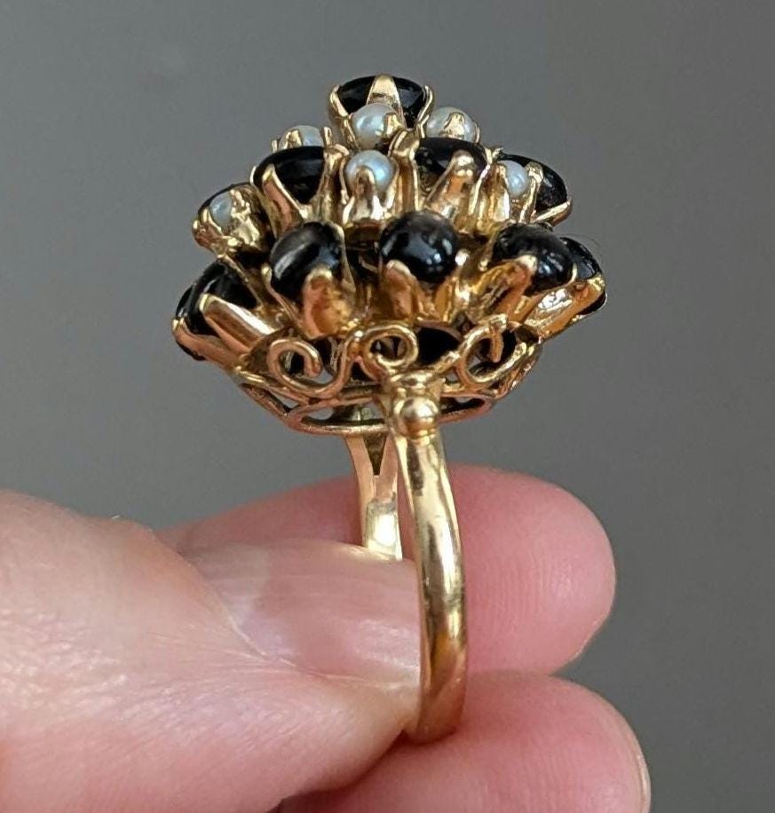 Vintage Star Sapphire Seed Pearl Cluster Ring – 14k Gold Statement Estate Jewelry