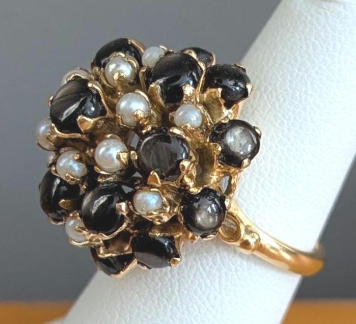 Vintage Star Sapphire Seed Pearl Cluster Ring – 14k Gold Statement Estate Jewelry
