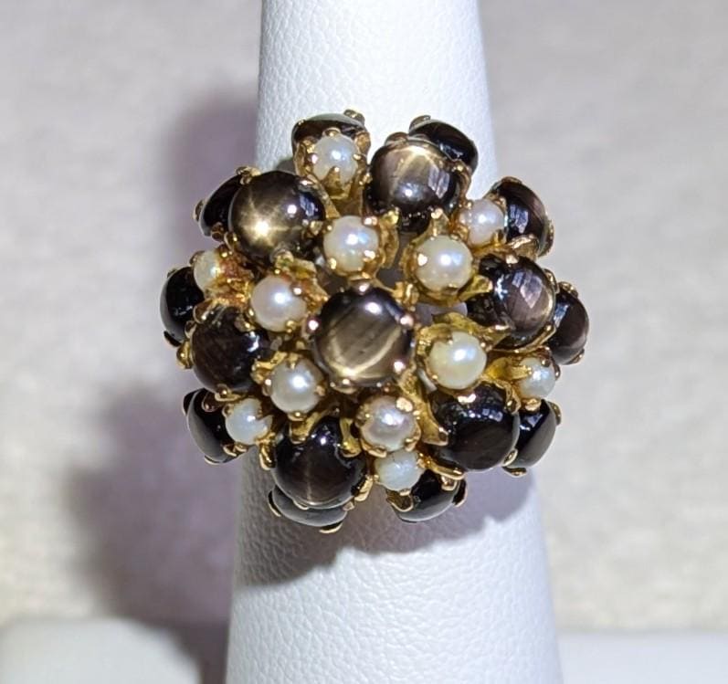 Vintage Star Sapphire Seed Pearl Cluster Ring – 14k Gold Statement Estate Jewelry