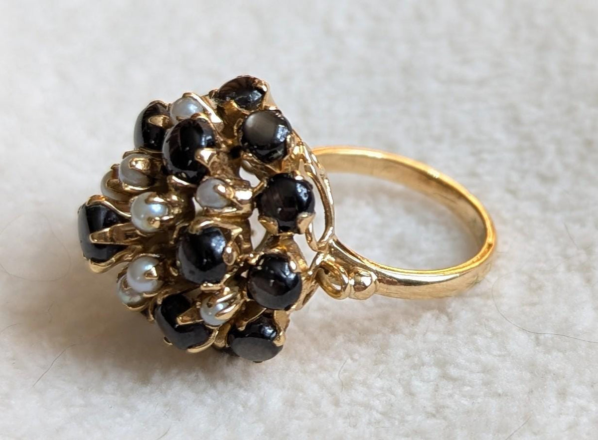 Vintage Star Sapphire Seed Pearl Cluster Ring – 14k Gold Statement Estate Jewelry