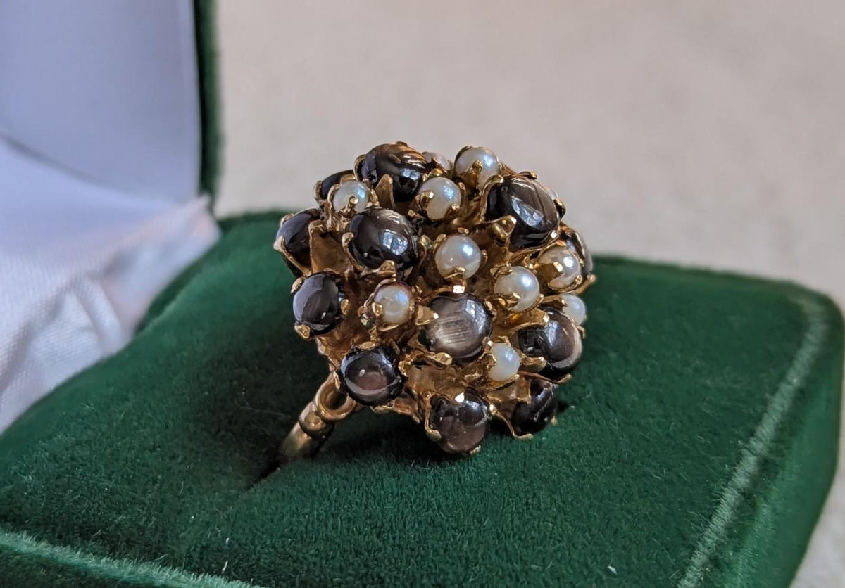 Vintage Star Sapphire Seed Pearl Cluster Ring – 14k Gold Statement Estate Jewelry