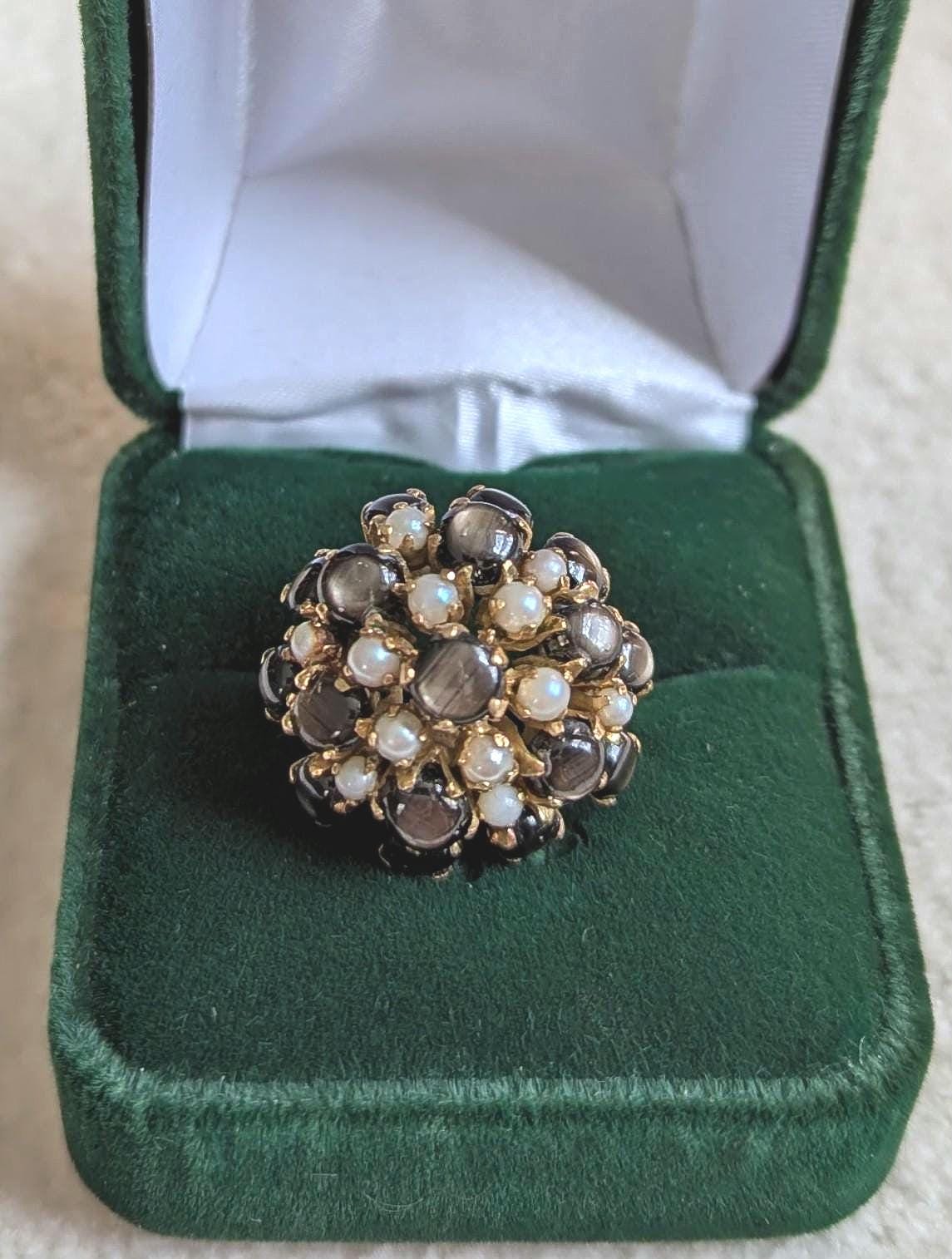 Vintage Star Sapphire Seed Pearl Cluster Ring – 14k Gold Statement Estate Jewelry