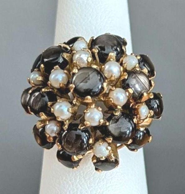 Vintage Star Sapphire Seed Pearl Cluster Ring – 14k Gold Statement Estate Jewelry