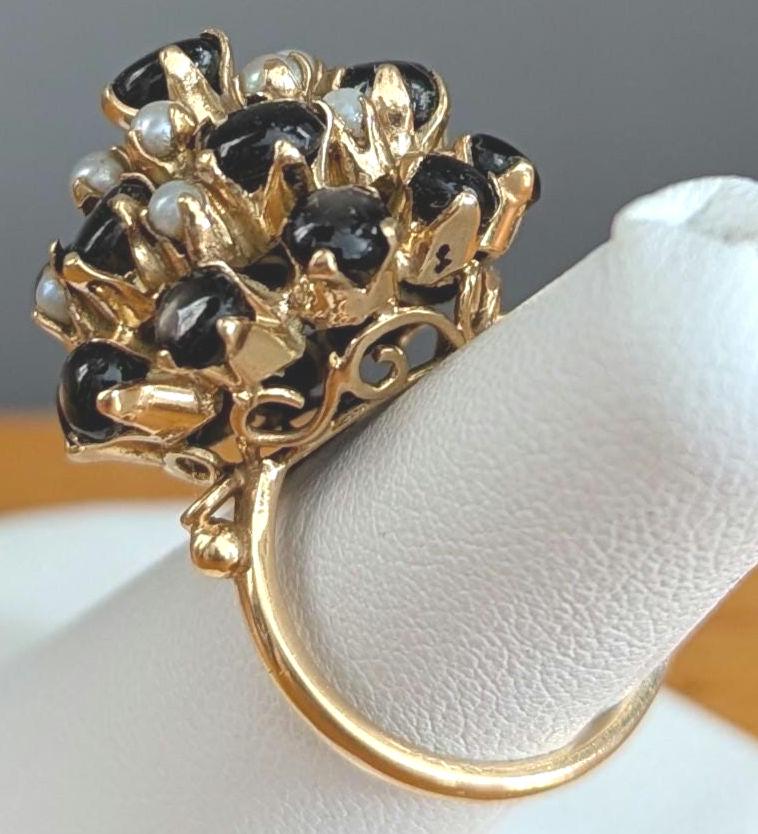 Vintage Star Sapphire Seed Pearl Cluster Ring – 14k Gold Statement Estate Jewelry