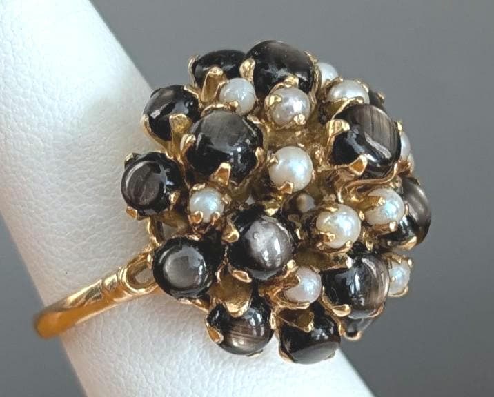 Vintage Star Sapphire Seed Pearl Cluster Ring – 14k Gold Statement Estate Jewelry
