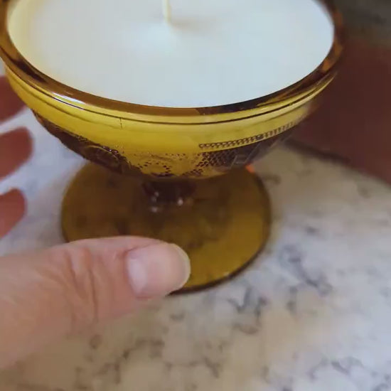 Sugar Cookie Whimsical Candle in Vintage Amber Tiara Sherbet Cup, 6 oz, Luxury Coco-Soy Blend