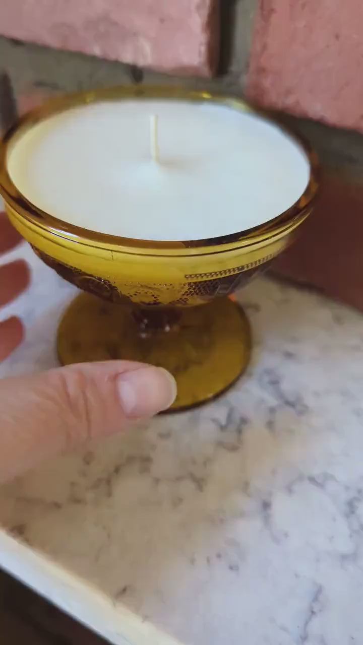 Sugar Cookie Whimsical Candle in Vintage Amber Tiara Sherbet Cup, 6 oz, Luxury Coco-Soy Blend