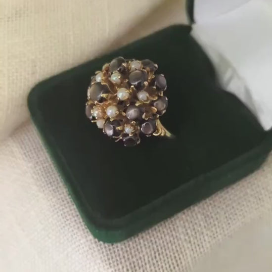 Vintage Gray Star Sapphire & Seed Pearl Bombé Ring 14k Gold – Estate Cluster Asterism