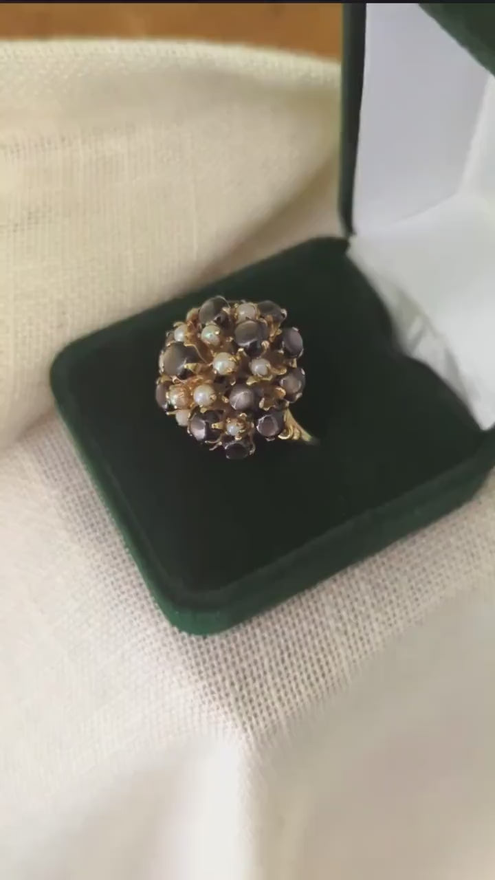 Vintage Gray Star Sapphire & Seed Pearl Bombé Ring 14k Gold – Estate Cluster Asterism